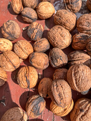 Close-Up of Rough Walnut Shells on a Reddish-Brown Surface – Capturing Organic Textures and Natural Rustic Charm