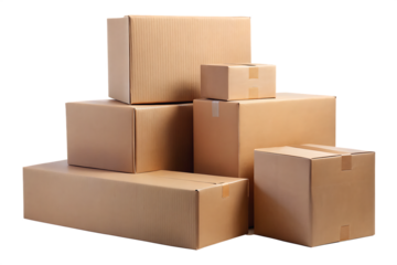 Brown cardboard boxes in large and small sizes isolated on white, perfect for packaging, shipping, or delivery themes.