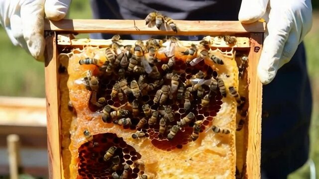 A person holds a box with bees in it. The bees are in different stages of development, with some being larvae and others being adults. The box is likely a beehive, and the person is likely a beekeeper