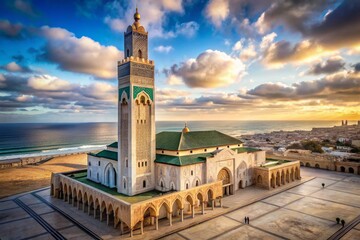 Obraz premium AweInspiring Aerial View of the Hassan II Mosque in Casablanca Architectural Grandeur and Spiritual Significance