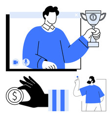 Individual holding trophy in live video call, hand presenting coin, and person with idea. Ideal for teamwork, recognition, success, reward systems, motivation goal achievement virtual events. Flat