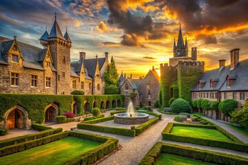 Obraz premium A Collegiate Gothic Architectural Gem Majestic Castle Campus at Sunset Unveiling Architectural Grandeur