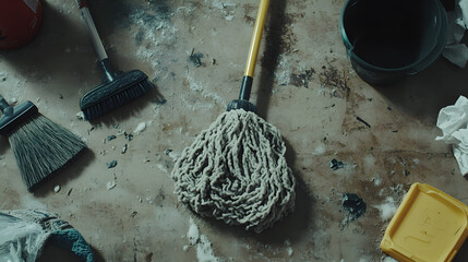with a microfiber head resting on the floor, surrounded by other cleaning tools like a broom and dustpan 