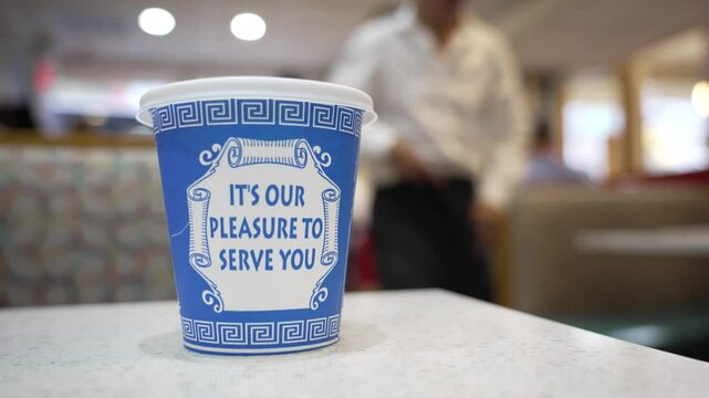 A Dining Experience with the original New York Coffee Cup in front of a waiter