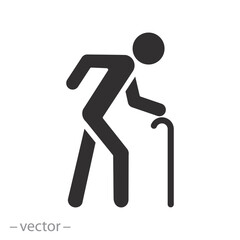 elder person with cane, old man icon, senior generation, flat vector illustration