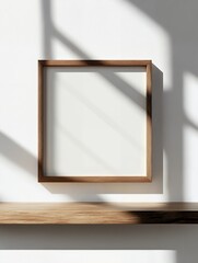 Empty Wooden Frame Mockup on Wooden Shelf Against White Wall