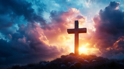 Christian cross background image for easter and good friday with dramatic sky religious faith concept