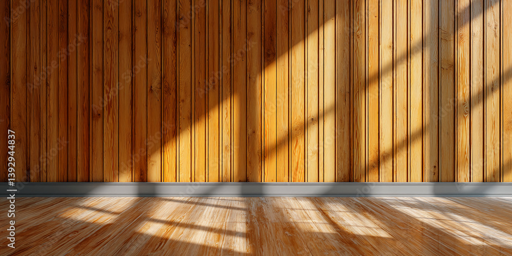 Poster empty room with light wood wall paneling and floor, sunlit, showcasing free space for text or produc