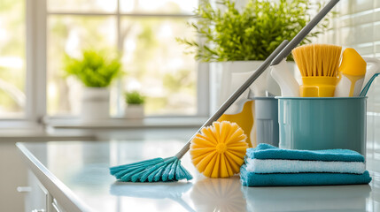 of eco-friendly cleaning tools, including wooden brushes and natural sponges, arranged on a sustainable surface 