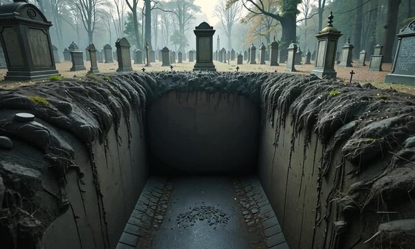 Freshly dug empty grave surrounded by tombstones in foggy cemetery with cold light. Concept of mortality and the unknown