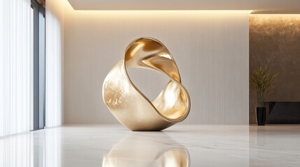 Abstract gold sculpture in minimalist gallery, elegant and modern 