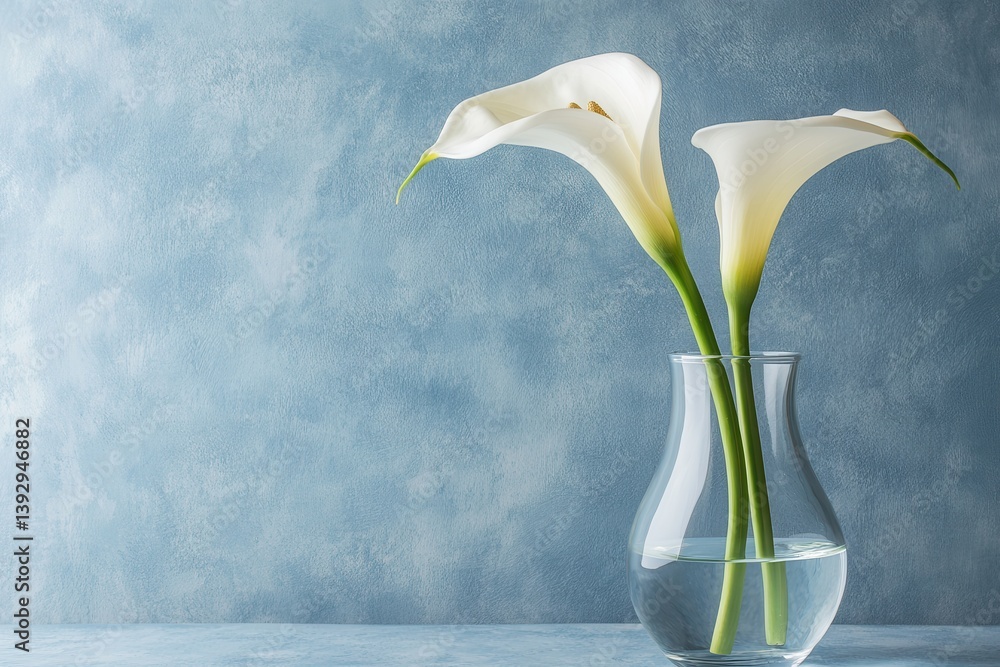 Aufkleber two elegant calla lilies in a clear vase against a textured blue background create a tranquil atmosp