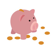 piggy bank with falling gold coins, dollars.