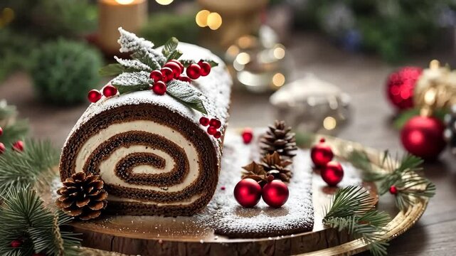 Traditional chocolate trunk cake or log cake on table with Christmas decorations