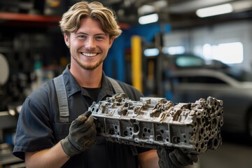 Smiling mechanic proudly showcases engine block in bustling garage with car elevated above