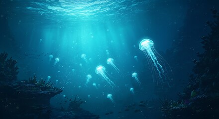 Fototapeta premium Jellyfish Floating in Deep Blue Ocean Water with Sunlight