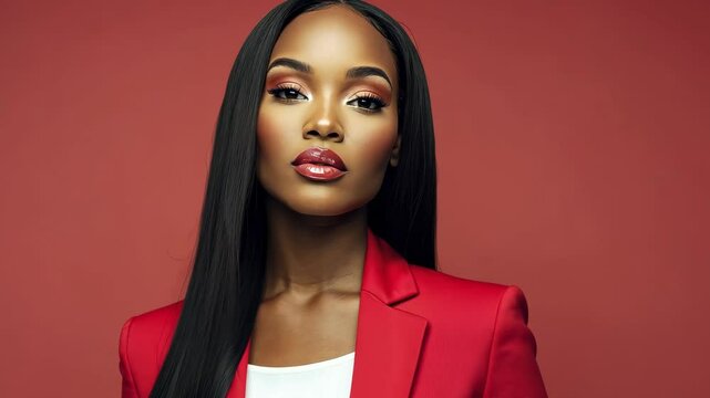 A beautiful African American woman with long hair extensions and glamorous makeup, wearing a red business suit with a white top.