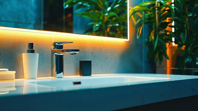 Modern touch less faucet with built-in sensor and sleek design, Mounted on a clean white sink basin in a contemporary bathroom	