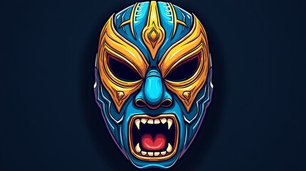 Traditional Mexican wrestler mask design featuring vibrant neon-blue and gold colors, representing lucha libre culture and heritage Generative AI