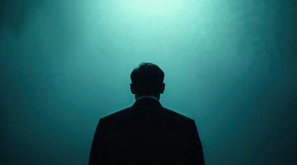 Mysterious Silhouette of a Businessperson: Moody Atmospheric Scene with Futuristic Perspective and Introspective Vision in a Dark Formal Suit