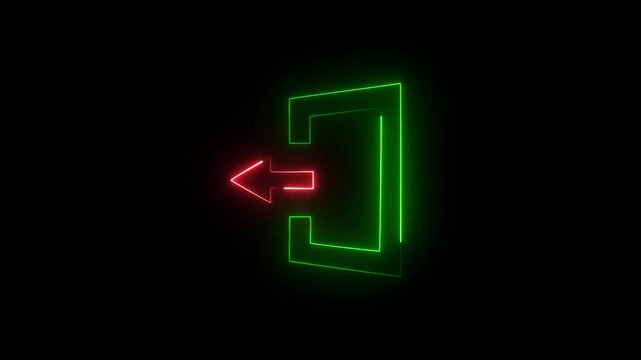 logout exit  animation neon glowing  symbol on black background. 4k video 