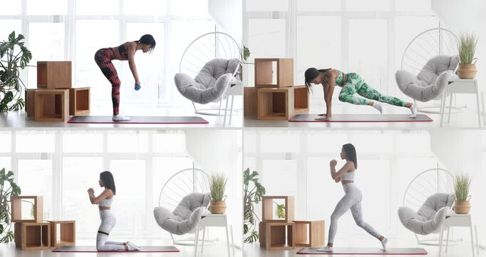 Athletic black fit girl doing fitness aerobic exercises in living room. Home fitness and wellness concept. Collage set.