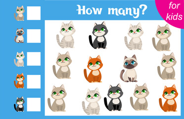 Counting game for children. Multicolored kittens. How many animals are there in the picture.  Calculation for children. Worksheet for preschoolers. Printable.