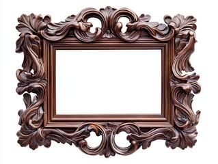 Ornate Brown Wooden Frame with Intricate Carving on White Background