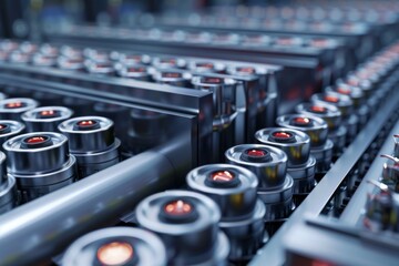 Naklejka premium mass production of a assembly line of electric car battery cells