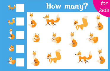 Counting game for children. Cute red foxes. Zoo. How many animals are there in the picture.  Calculation for children. Worksheet for preschoolers. Printable.
