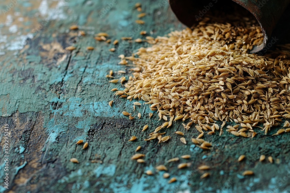 Poster spilled cumin seeds scattered on a rustic table with aged wood texture