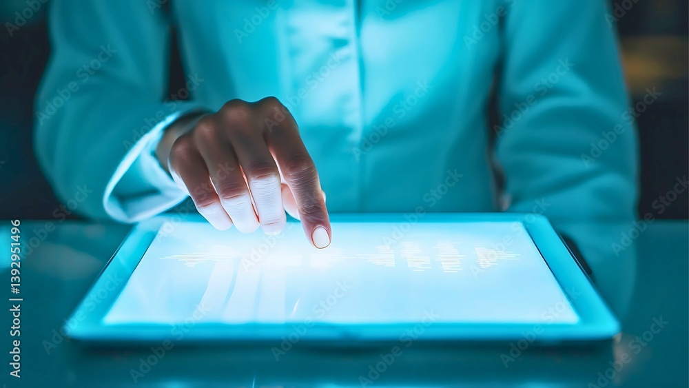 Poster a person interacting with a glowing tablet computer in a futuristic setting, with focused on the han