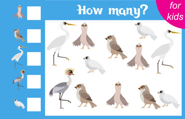 Fototapeta premium Counting game for children. Heron, dove, sparrow and cuckoo. Zoo. How many animals are there in the picture. Calculation for children. Worksheet for preschoolers. Printable.