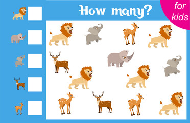 Counting game for children. Lion, elephant, rhinoceros, deer and fawn. Zoo. How many animals are there in the picture.  Calculation for children. Worksheet for preschoolers. Printable.