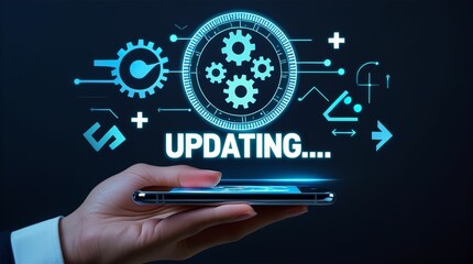 Operating system upgrade concept, installation app and software update process, modernize user equipment, update modern functions, developer released new version Improved security. User is downloading