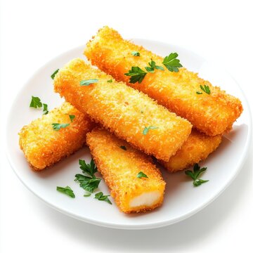 A plate of golden fried fish sticks garnished with fresh parsley isolated on white background