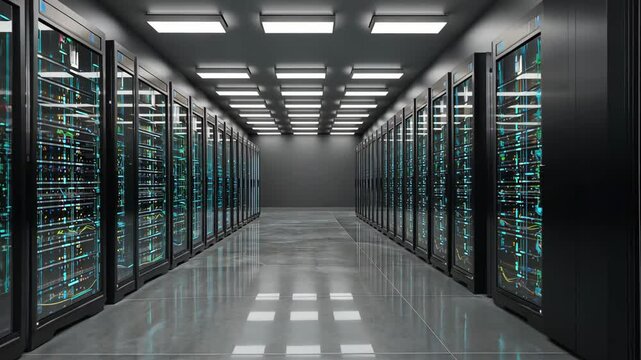 Modern Data Center: A Vast Array of Data Storage Systems in a High-Tech Environment