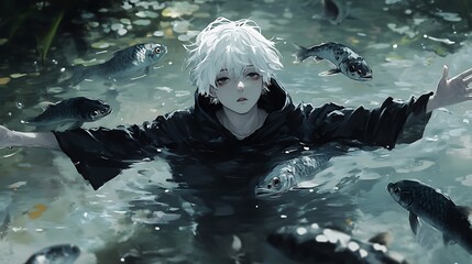 A white-haired teenage boy floats in a pond at dawn, his arms stretched lazily. Dozens of fish surround him