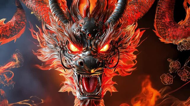 Red dragon head, devil skull, tiger skull, fire, illustration, flames, design, skull, art, black, red, decoration, head, hot, symbol, pattern. Chinese New Year festive design. Decorations background	