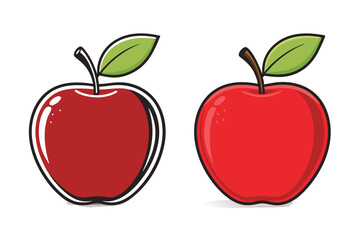 Two Red Apples With Green Leaves Cartoon Style On White Background
