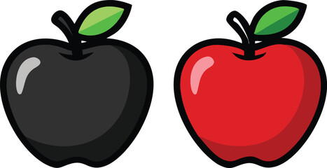 Two Stylized Apples One Black One Red With Green Leaves On Black Background