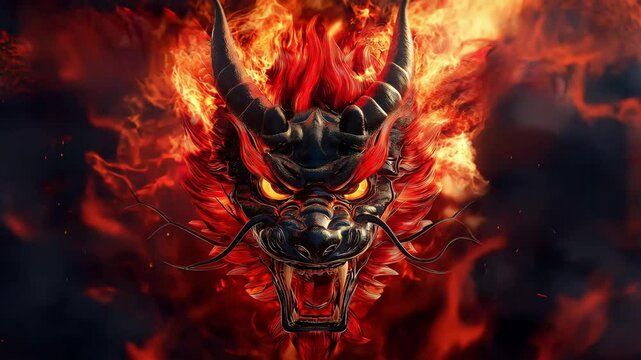 Red dragon head, devil skull, tiger skull, fire, illustration, flames, design, skull, art, black, red, decoration, head, hot, symbol, pattern. Chinese New Year festive design. Decorations background	
