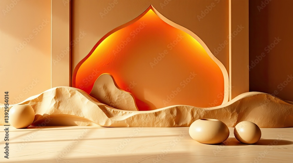 Poster an abstract minimalist scene featuring an orange arch and objects