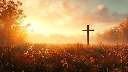 Christian cross silhouette in golden field at sunrise faith hope love jesus christ religion concept art