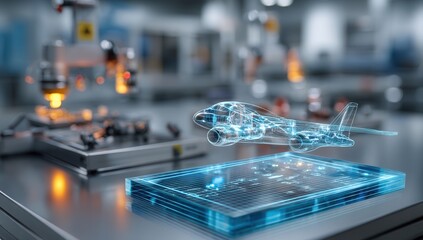Futuristic holographic jet in a high-tech lab.