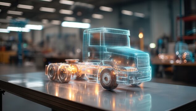 Digital hologram of a truck design prototype in a modern workshop.