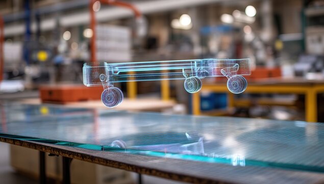 Futuristic skateboard design in a modern workshop.