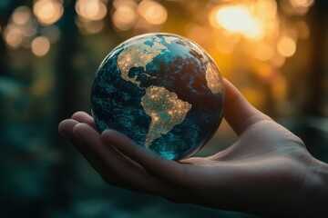 Fototapeta premium Holding the world in a hand during sunset in a natural setting - Sustainability Concept