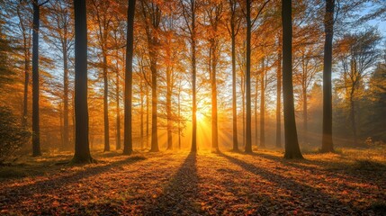 Fototapeta premium Golden sunlight beaming through towering trees in an autumnal forest landscape