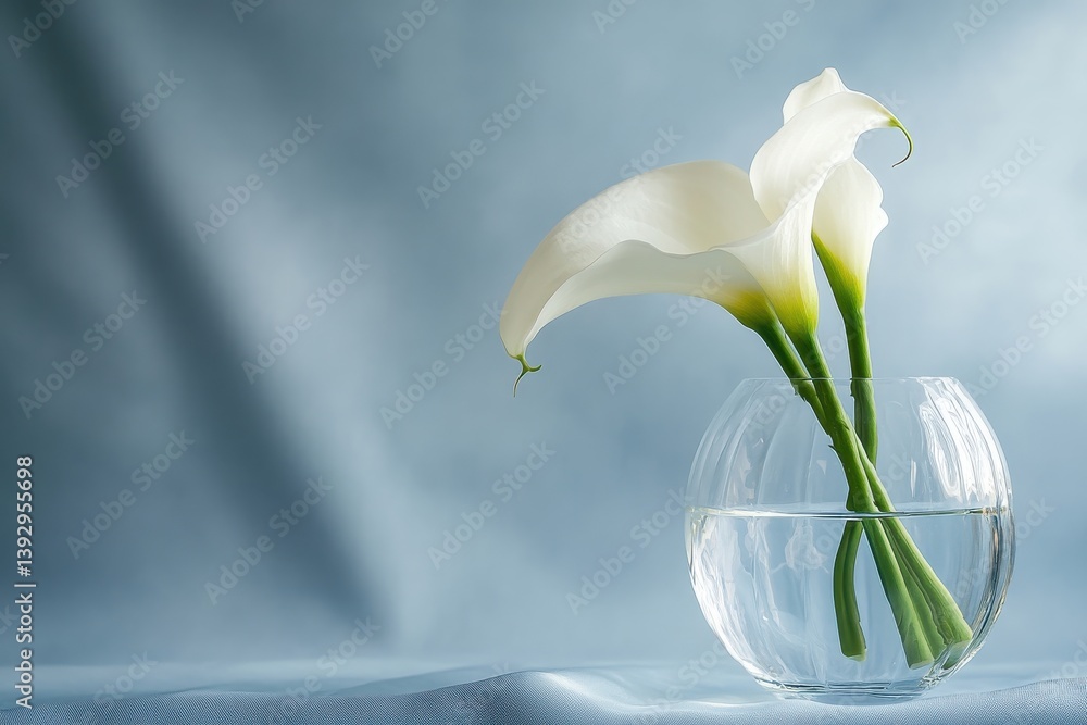 Poster elegant white calla lilies in a glass vase on a soft blue background creating a serene atmosphere